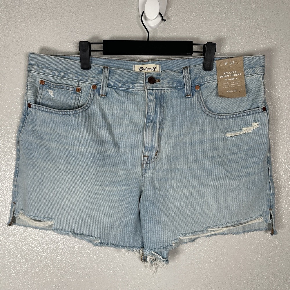 NEW Madewell Relaxed Mid Length Denim Jean Shorts Womens 32 Light‎ Wash Step Hem